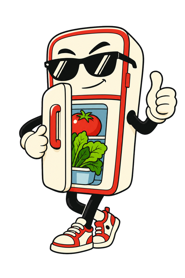 A sunglasses-wearing Fuel Fridge fridge mascot giving a thumbs-up.